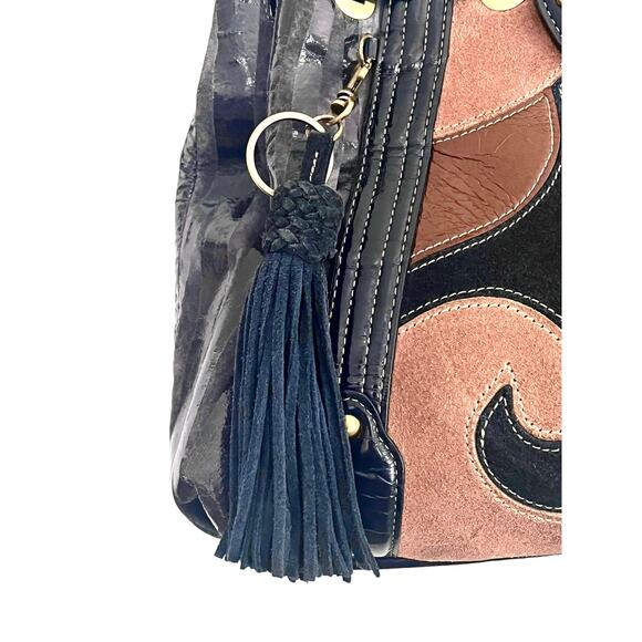 1980s Original by Sharif LEATHER & SUEDE HANDBAG Blue Brown Shoulder Purse Y2k - Picture 6 of 10